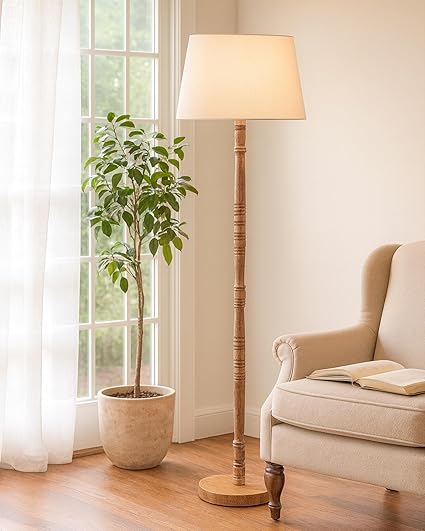 Homesake® Mid Century Modern Floor Lamp for Living Room | Hand Turned | Corner Lamp for Living Room, Stand Lamp with Fabric Lampshade for Bedroom, Study Room and Office, (Off-White)