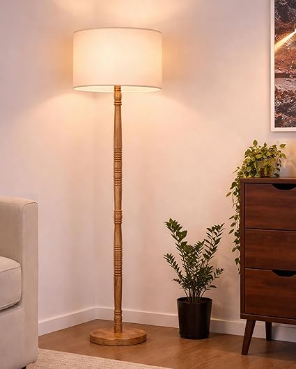 Homesake® Mid Century Modern Floor Lamp for Living Room | Hand Turned | Corner Lamp for Living Room, Stand Lamp with Fabric Lampshade for Bedroom, Study Room and Office, (Off-White)