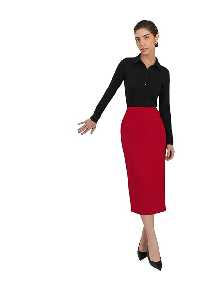 FableStreet Women Formal Skirt | Straight Fit Midi Length with Pin Tuck Detailing & Back Slit | Smooth Woven Fabric & Elasticated Waistband for Office & Workwear