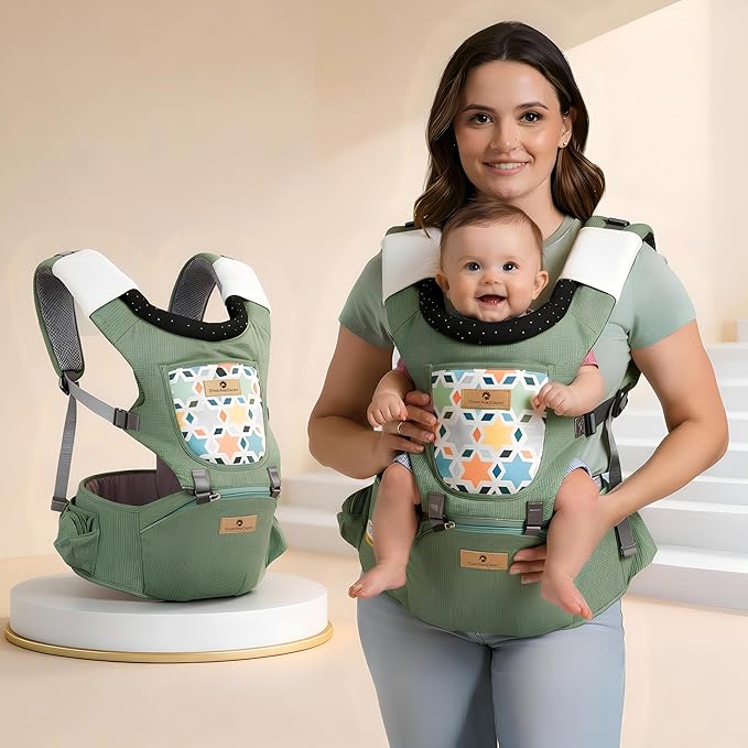 StarAndDaisy 4-in-1 Baby Carrier for 6 to 24 Months Baby/Kangaroo Bag with Comfortable Soft Hip Seat/Baby Carrier - 4 Carrying Positions, 2 Storage Pockets (Green)