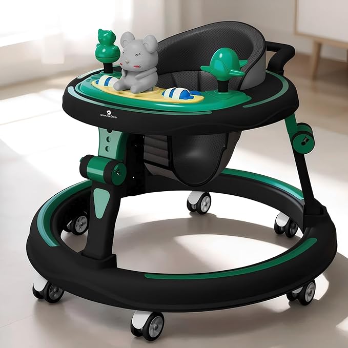 StarAndDaisy Baby Walkers for 9+ Or 16 Month Baby boy & Girl 360° Walker for Kids for 7 Level Height Adjustment, Baby Walker with Switchable Food & Musical Toy Tray -Green Black