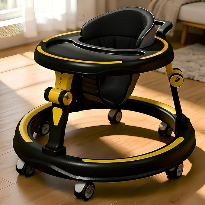 StarAndDaisy Baby Walkers for 9+, 6-18 Month Baby boy & Girl 360° Walker for Kids for 6-24 Months with 7 Level Height Adjustment, Foldable Baby Walker with Smooth Wheels (Yellow-Black)