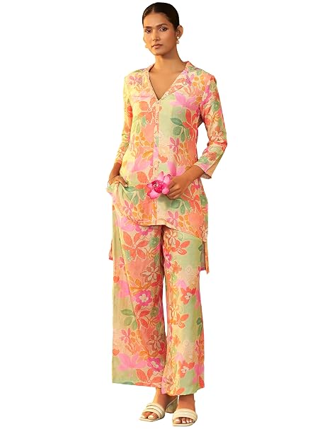 Pinkmint Pure Crepe All-Over Printed Co-Ord Set for Women || Matching Top & Bottom Set