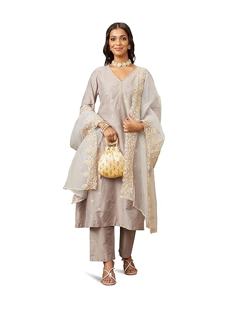 Amazon Brand - Myx Women's Kurta Pant Set with Embroidered Organza Dupatta |A-line fit (Available in Plus Sizes)