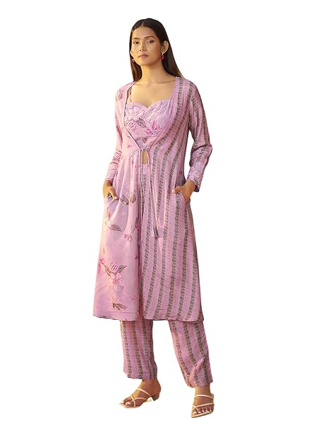 Pinkmint Women's Printed 3 Piece Stylish Co Ord Set l Strappy Crop Top & Long Shrug with Straight Pants Ethnic Set Purple
