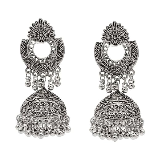 Shining Jewel Traditional Indian Matte Antique Silver Oxidised CZ, Crystal Studded Chandbali Jhumka Earring For Women - Silver (SJE_175_S)