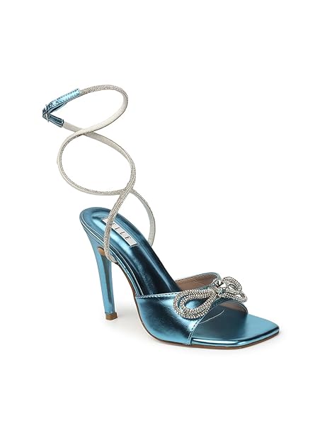 ELLE Women's Metallic Heels with Embellished Bow and Ankle Strap Sandal