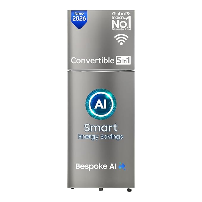 Samsung 350 L, 2 Star, Convertible 5-in-1, Digital Inverter, Frost Free Double Door, WiFi Bespoke AI Refrigerator (RT38HG5A42SLHL, Silver, Ez Clean Steel, 2026 Model)