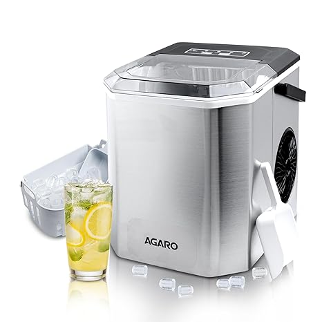 AGARO Regal Ice Maker 1.2L Countertop Machine, 9 Cubes in 6 Mins, 2 Bullet Ice Sizes, Portable with Handle, Self-Cleaning Stainless Steel Ice Maker for Home Kitchen & Office (Silver)