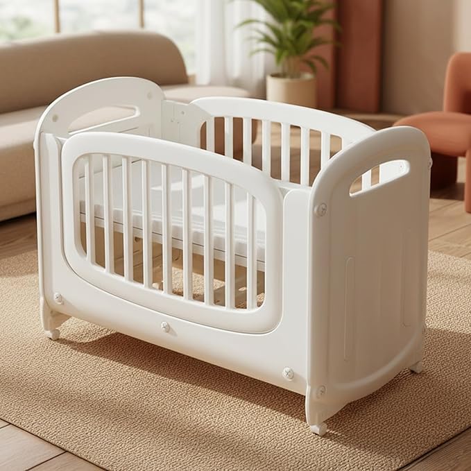 StarAndDaisy Baby Cot with Wheels / 100KG Heavy Duty PP Baby Crib/Waterproof & Termite Resistant/BPA-Free Newborn Baby Bed/Portable Infant Sleeping Cot -White (Dreambud-White)