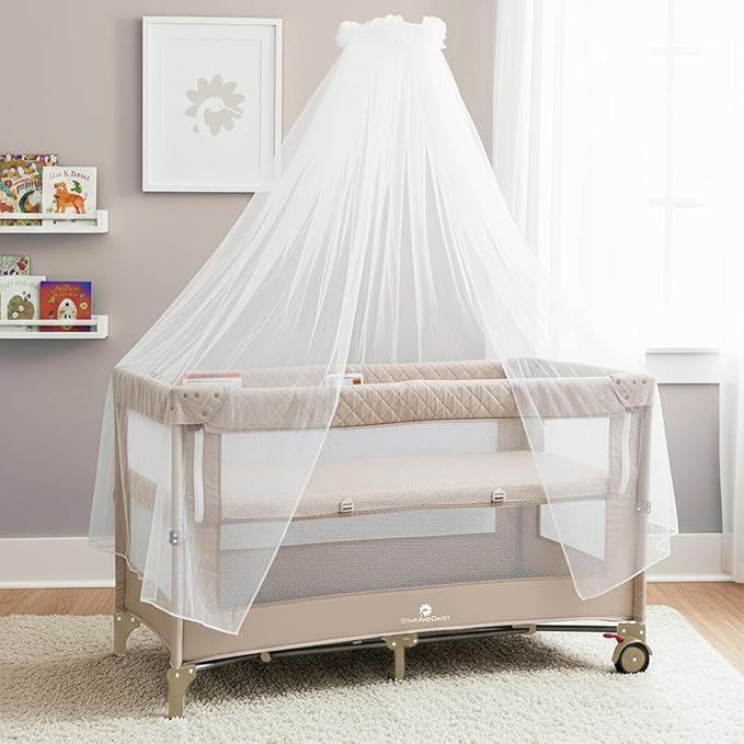 StarAndDaisy Cradle for New Born Baby Cradle/Crib for 0 to 3 Year Baby, Convertible playpen with Wheels, /Bedside Bassinet Storage Basket & Mosquito net Baby Sleeping Cradle (Beige)