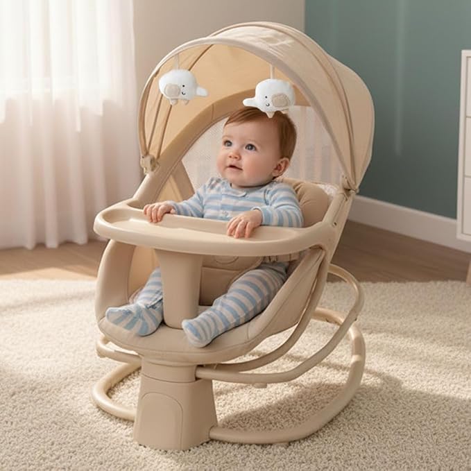 StarAndDaisy X Mastela 4 in 1 Swing Rocker Automatic for Newborn Baby 0 to 18 Month Girl & Boy with 4- Swing Modes, Detachable Tray, Backrest Adjustment Bassinet, Bluetooth Music - Beige