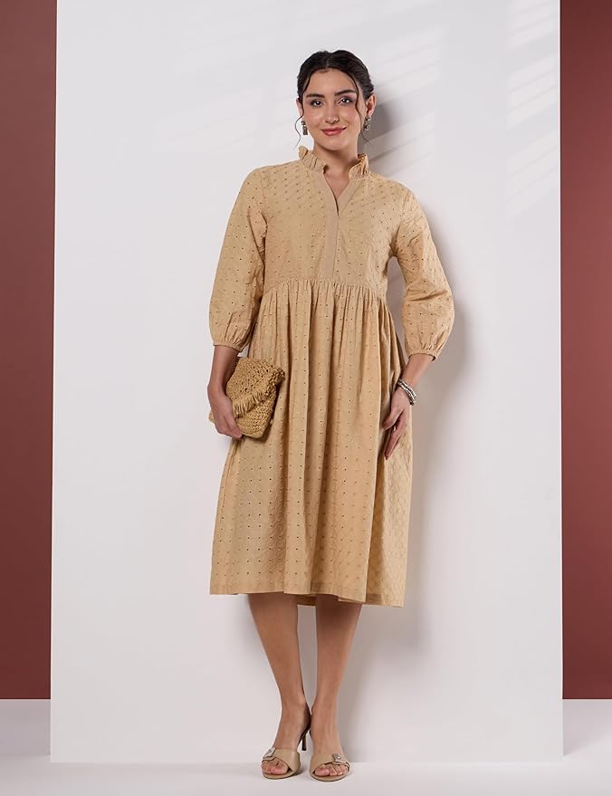 Amazon Brand - Myx Women's Schiffli Embroidery Ethnic Dress | Fit and Flare | Knee Length (Available in Plus Sizes)
