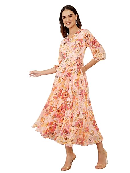 Miss Chase Women’s V-Neck 3/4 Sleeve Wrap Midi Chiffon Dress