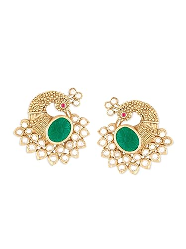 Zaveri Pearls Green Pink Stones Embellished Peacock Inspired Studs Earring For Women-ZPFK18905