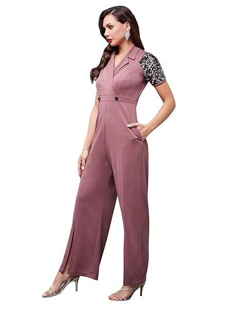 Miss Chase Women's Halter Neck Sleeveless Solid Wide Leg Sequin Paneled Regular Length Jumpsuit