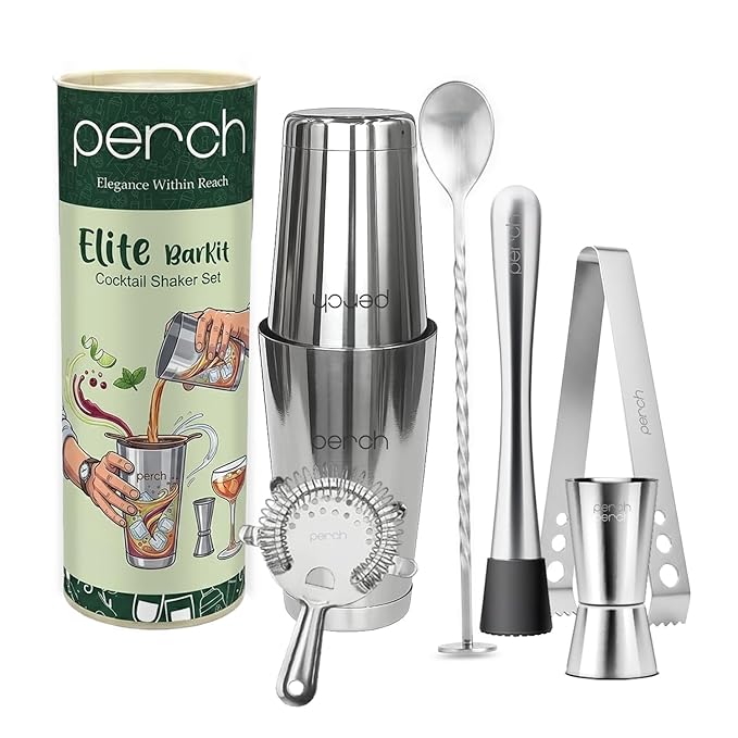 O' Holic by Perch Elite Bartender Kit 6 Piece Cocktail Shaker Set, Stainless Steel Mixology Bar Tool Set with Jigger, Strainer, Muddler, Bar Spoon & Ice Tongs, Home Bar Accessories Gift Set |Silver