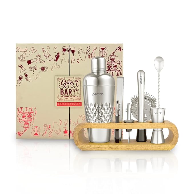 O' Holic By Perch Cocktail Shaker Gift Set|10-Piece Stainless Steel Bartender Kit with Mango Wooden Stand|Accessories for Home Bar|Gift Box for Winters, Birthday, Wedding,Anniversary, Christmas|Silver