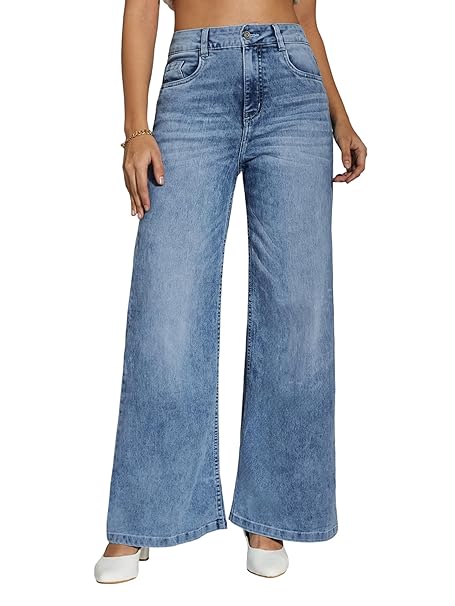 Miss Chase Women's Wide-Leg High-Rise Regular-Length Stretchable Shaping Denim Jeans