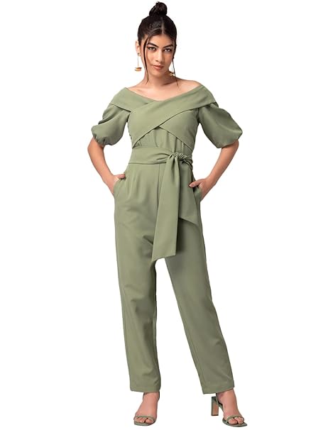FabAlley Department5 Light Green Drop Shoulder Front Tie Jumpsuit