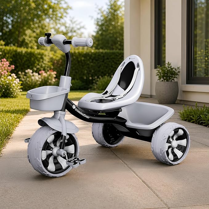 StarAndDaisy Kids Cycle for 2–5 Years Boy & Girl/Tricycle with EVA Wheels, Bell & Basket/Baby/Kids Trike Cycle 30 Kg Capacity, 3-Point Safety Belt (Black)