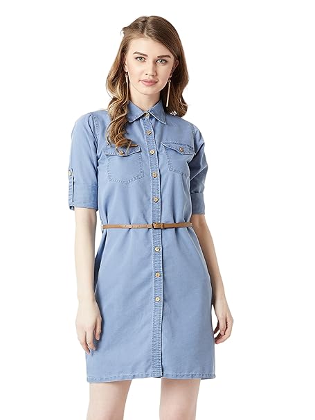 Miss Chase Women's Polo Neck Rolled Up Full Sleeve Denim Solid Buttoned A-Line Mini Dress