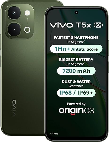 vivo T5X 5G (Cyber Green, 8GB RAM, 128GB Storage) | 7200mAh Battery | 50MP Dual Camera | 32MP Selfie Camera | 6.76" FHD+ 120Hz Display | Dimensity 7400 Turbo Processor