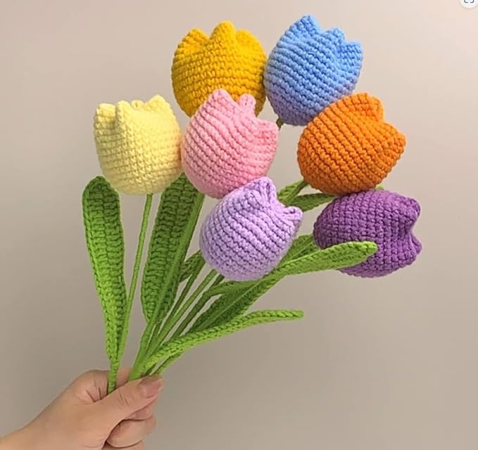 VRB Dec 5pcs Artificial Crochet Flower Bouquet/Artificial Flowers Bunch/Crochet flowers bouquet/Crochet flowers/Flowers Bouquet Gift for Girls Home Decor,gifting,etc. (Design 7)