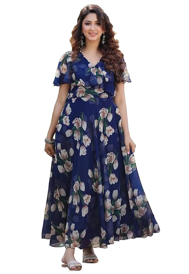 Shasmi Women's Dress | Flare Straight, Maxi Gown | Ankle Length | Short Sleeves | Butterfly Sleeves Style| Casual| Party | Wedding | Festival | Formal (Maxi Gown)