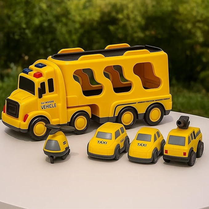 GRAPHENE 5-in-1 Pull Back Friction-Powered Transport Truck Set Light & Music Montessori Carrier Educational Vehicle Mini Helicopter Taxi Toy Boys & Girls Fun Birthday Gift for Kids Ages 3+8years