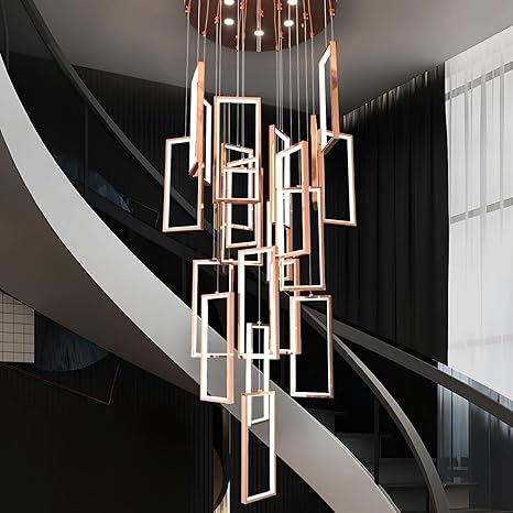 Smartway® Nevan 125 Watt Double Height LED Chandelier, Rectangular Smart Chandelier Lights for Living Room, Alexa & Google Compatible, Rose Gold Hanging Pendant Ceiling Light for Hall & Home Decor