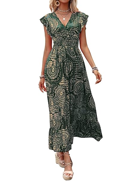 Shasmi Women's & Girl's V-Neck Striped Printed Dress with Ruffled Hem and Belted Waist for Vacation, One Piece Dress for Women's Casual Dress (Dress 140)