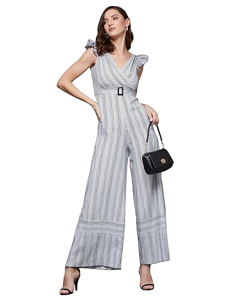 Miss Chase Women's Striped V-Neck Frill Viscose Rayon Wrap Relaxed Fit Regular Jumpsuit