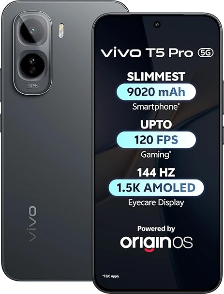vivo T5 Pro 5G (Cosmic Black, 8GB RAM, 256GB Storage) | 50MP Camera | 6.83" FHD+ AMOLED Display | Snapdragon 7s Gen 4 | 9020mAh Battery