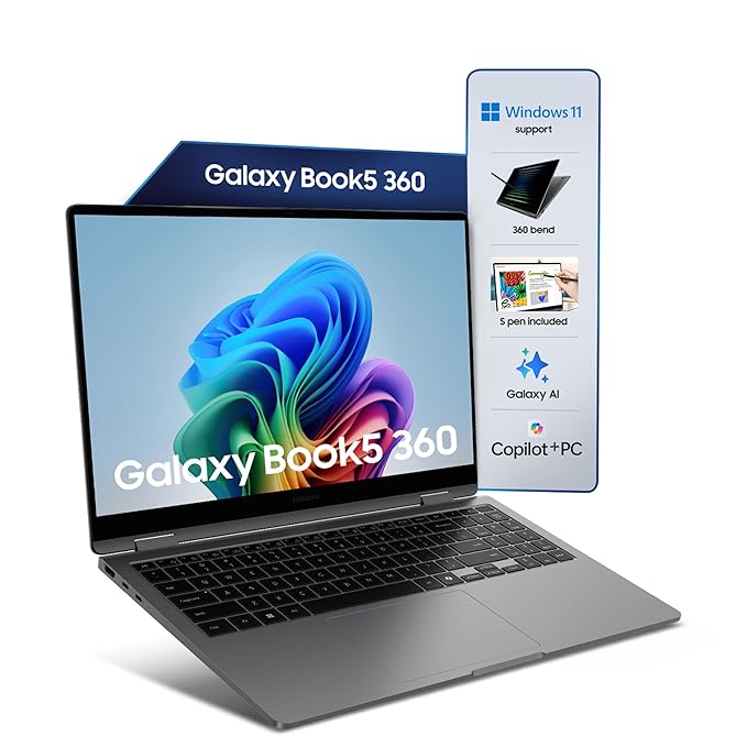 Samsung Galaxy Book5 360 | Intel Evo Core Ultra 7 256V | Built-in AI | 15.6" (39.6cm) Touchscreen 2-in-1 AMOLED 60Hz | 500 Nits (16GB/512GB SSD/Intel Arc/Win11/MSO'21/Gray/1.46kg) | S-Pen Included
