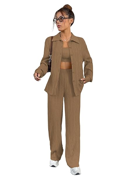 Shasmi Women’s 3-Piece Co-ord Set – Solid Button Front Shirt, Strapless Tube Top & Wide Leg Pants | Casual Loose Fit Western Outfit for Daily Spring/Fall Wear (Co-Ord-208)