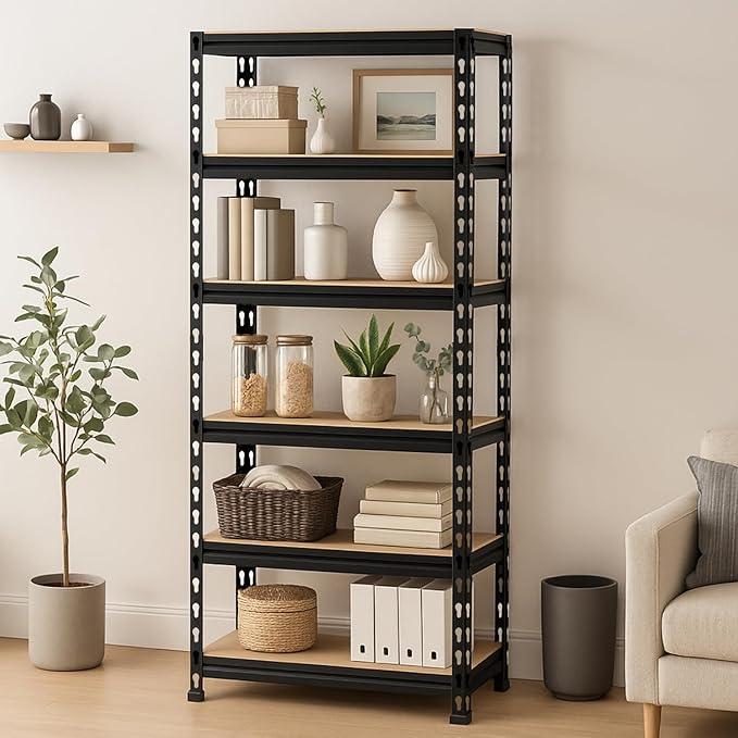 JD FRESH 6-Shelf Adjustable Boltless Metal Shelving Unit/60 x 24 x 12 Inch Metal Storage Rack with Wooden Planks/Standing Shelf Unit for Home/Garage/Office & Shop/Utility Display Rack (Black)