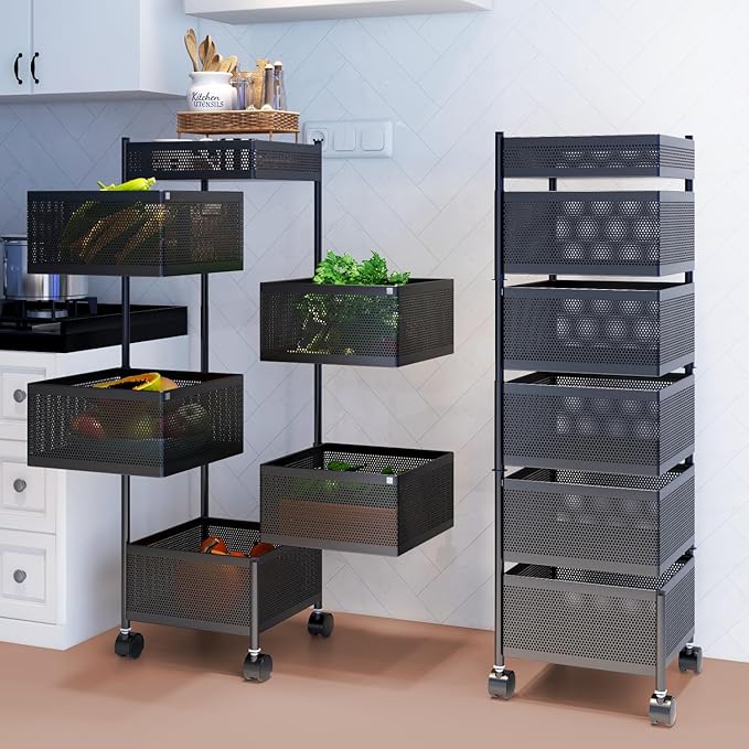 JD FRESH 6-Tier Metal Rotating Kitchen Trolley with 360-Degree Rotating Wheels/Spice Rack/Vegetable & Fruit Storage/Organizer Holder and Onion-Potato Storage Basket for Kitchen