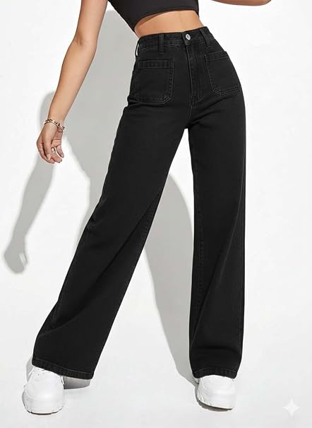 KOTTY Women’s High Waist Straight Fit Denim Jeans | Stretchable| Wide Leg & Regular Fit Stylish Wear