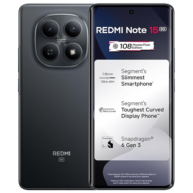 REDMI Note 15 5G (Black, 8GB RAM 128GB Storage) | 108MP OIS Camera | Snapdragon 6 Gen 3 | 17.2cm Tough Curved AMOLED Screen | 5520mAh Battery | 45W Fast Charging