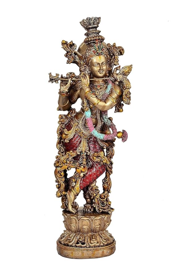AONA Resin Krishna Statue Large Sized Slim with Flute for Home Decor | Height : 14 Inches (ARBN1)
