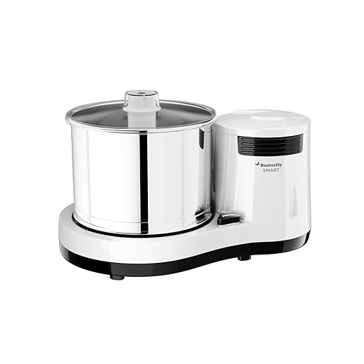 Butterfly Smart 2 Litres Table-Top Wet Grinder|150 Watts|Shockproof ABS Body| Coconut Scrapper Attachment|2 stones with 4-Way Grinding| Stainless Steel Drum | 2 Years Manufacturer's Warranty | White