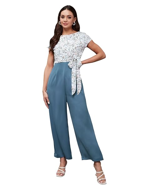 Miss Chase Women's Round Neck Short Sleeves Floral Waist Tie-Up Regular Length Jumpsuit