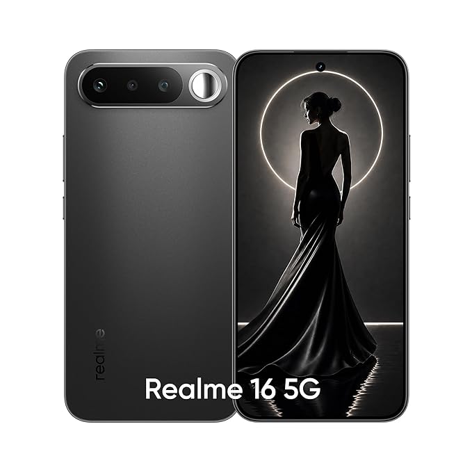 realme 16 5G Smartphone 7000mAh Titan Battery 60W Fast Charge, 8GB + 128GB 6.57" AMOLED 120Hz Display, Dual 50MP AI Camera, MediaTek Dimensity 6400 Turbo Processor, Fingerprint IP69 Air Black