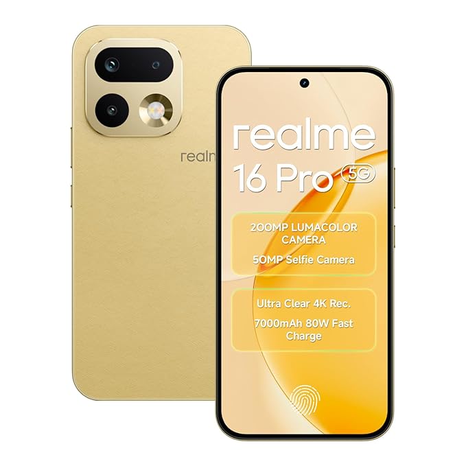 Realme 16 Pro 5G Smartphone 12GB RAM 256GB ROM 6.78 inch 144Hz AMOLED Display, 7000mAh Battery 80W Ultra Charge, 200MP AI Rear Camera 50MP Front Camera, Dimensity 7300-Max Chipset Android 16 IP69 Gold