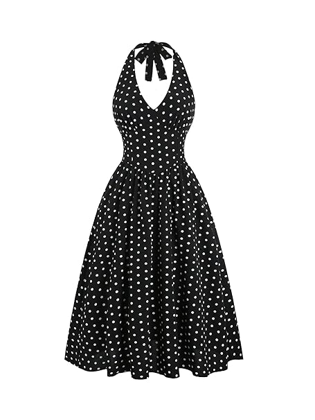 Aahwan Polka Dots Halter Long Dress Backless A Line Flared Vintage Party Club Dresses for Women's & Girl's