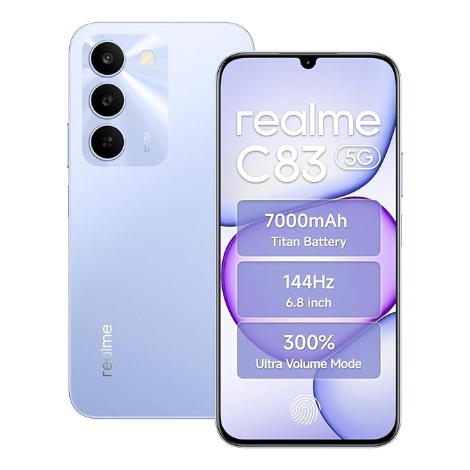 realme C83 5G Smartphone 6GB RAM 128GB ROM 6.8 Inch 144Hz Display 7000mAh Titan Battery Android 16 Dimensity 6300 Processor, IP64 Waterproof Support AI Camera, Dual SIM, GPS, WiFi Purple | 6.8" 144Hz Display, 7000mAh Battery, UI 7.0 (Android 16)