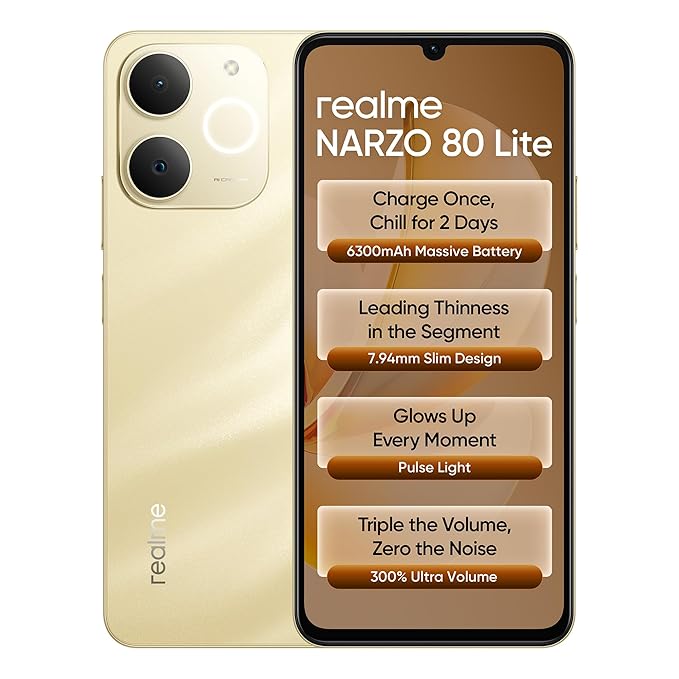 realme NARZO 80 Lite 4G (Beach Gold 2026, 4GB+64GB) | 6300mAh Segment's Biggest Battery | 7.94mm Slim Design | 300% Ultra Volume | Pulse Light: 9 Colors, 5 Glow Modes | Ai Assist