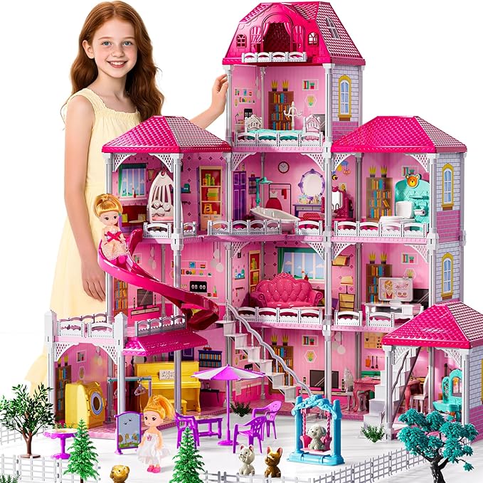 JUKUDAHU Villa Play Set for Girls Ages 3-7, 12-Room 4-Story House with 2 Dolls, Furniture & Accessories, Indoor Play Set for Girls Ages 6-8, Pretend Play Toy for Kids