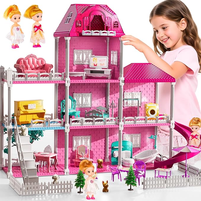 JUKUDAHU Villa Play Game for 3-7 Year Old Girls, Indoor Play for Girls with 3 Floors, 7 Bedrooms, 2 Dolls 6-8 Years, Furniture and Accessories, Kids Toy